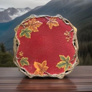 Hand-painted Clay Art Fall Autumn Leaves Ceramic Entertainment Platter  Red EUC